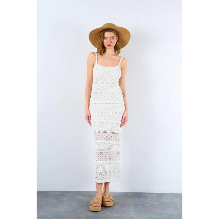 Ajurlu Astarlı Elbise - Ekru