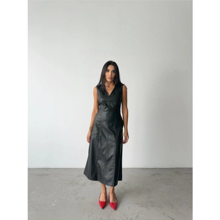 ASKILI DERİ ELBİSE ŞANEL BOY - Siyah