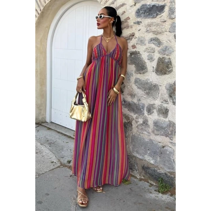 Askılı Pile Detaylı Renkli Maxi Elbise 2748
