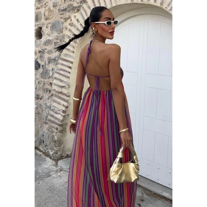 Askılı Pile Detaylı Renkli Maxi Elbise 2748