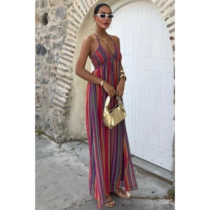 Askılı Pile Detaylı Renkli Maxi Elbise 2748