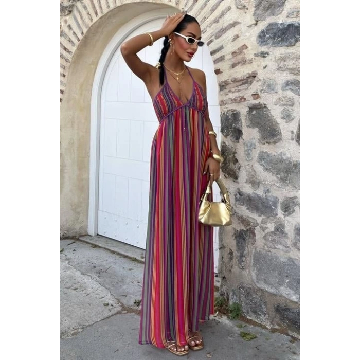 Askılı Pile Detaylı Renkli Maxi Elbise 2748