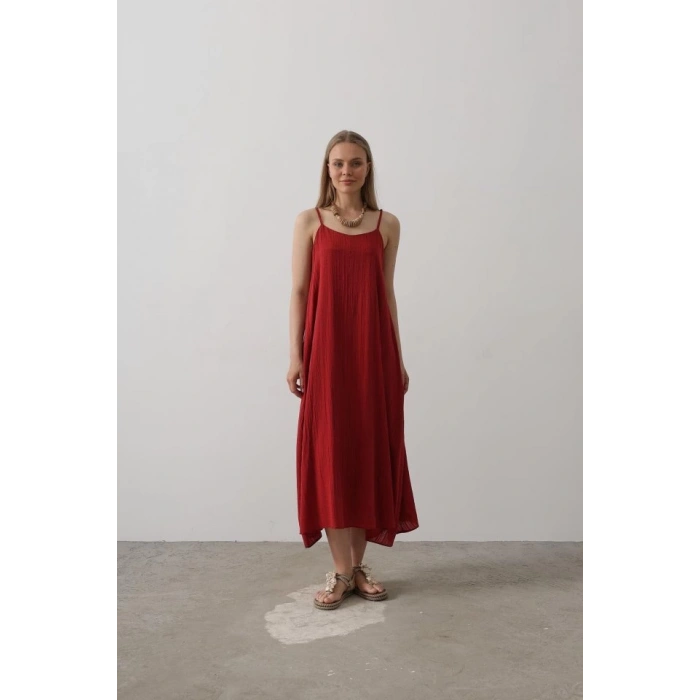Askılı Uzun Çan Elbise - Bordo