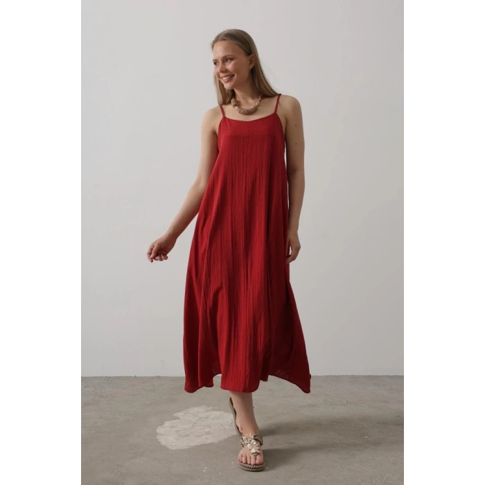 Askılı Uzun Çan Elbise - Bordo