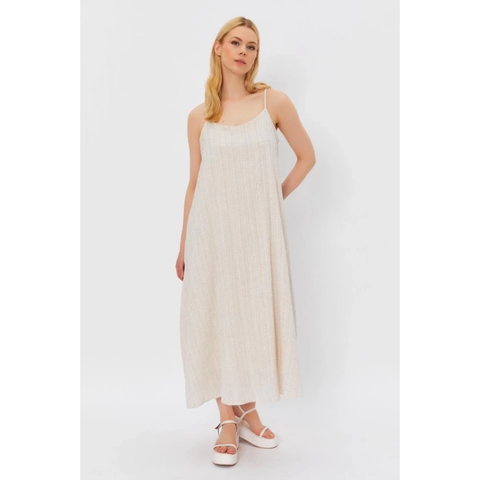 Askılı Uzun Çan Elbise - Natür