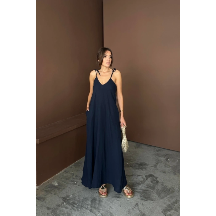 ASKILI UZUN SALAŞ MÜSLİN ELBİSE - Lacivert