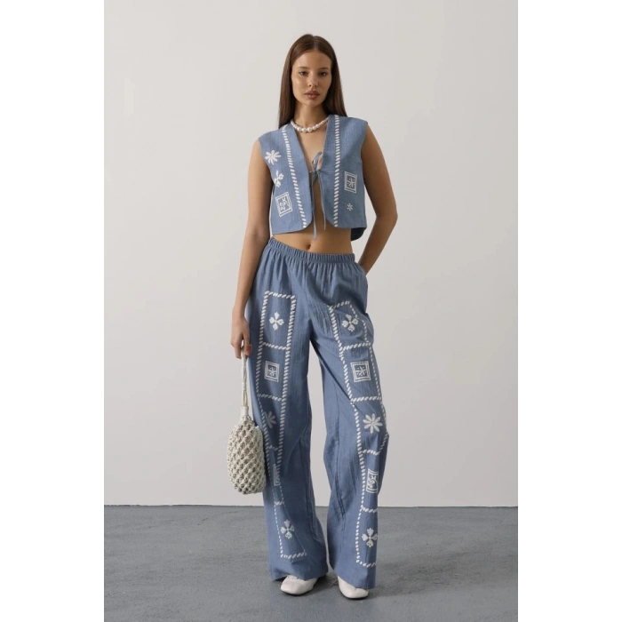Baskılı Önü Bağlamalı Yelekli Takım - İndigo