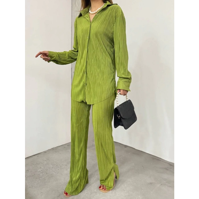 Bayrama Özel Kadın Düşük Omuz Salaş Gömlek Ve Yırtmaç Detay İspanyol Paça Pantolon