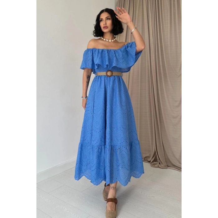 Bebe Mavi Omzu Lastikli Brode Elbise