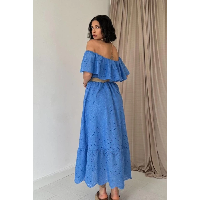 Bebe Mavi Omzu Lastikli Brode Elbise