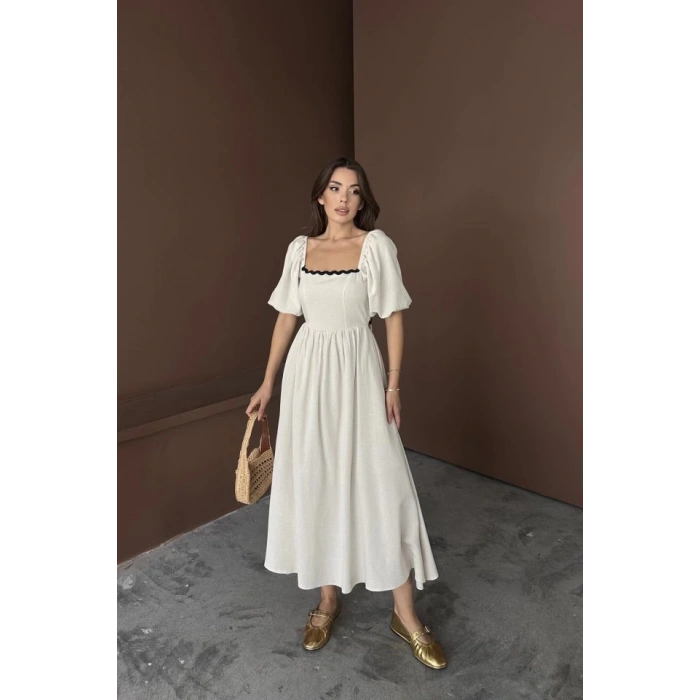 Bej Arkası Bağlamalı Keten Elbise