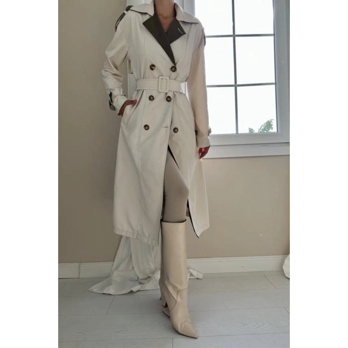 Bej Haki Arkası Çizgili Ve Kemerli Trençkot