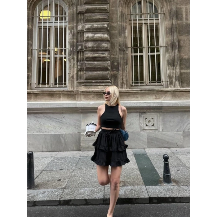 BEL LASTİKLİ KAT FIRFIR DETAYLI KISA ETEK - Siyah