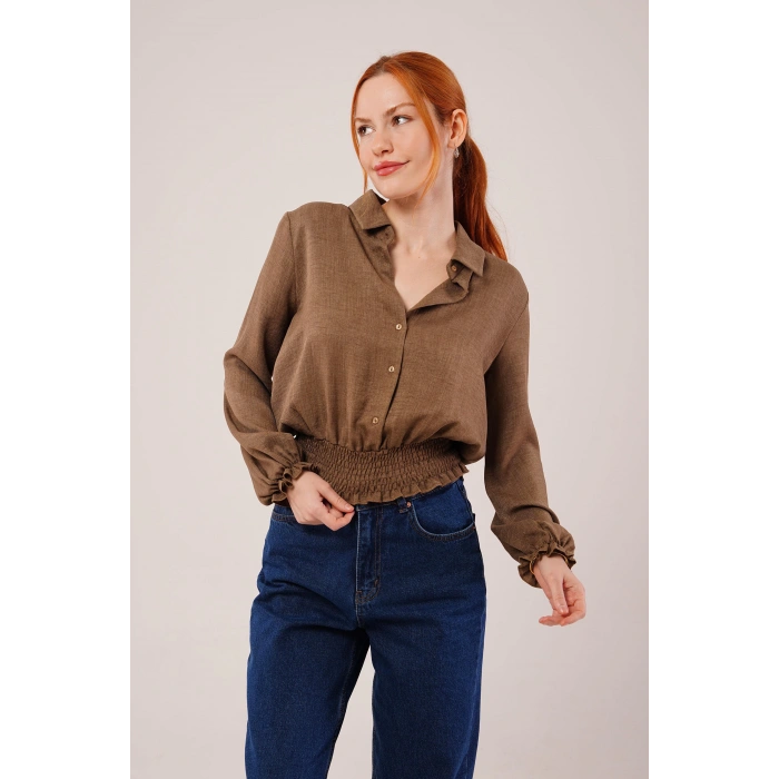 Bel Ve Bilek Lastikli Kahverengi Bluz