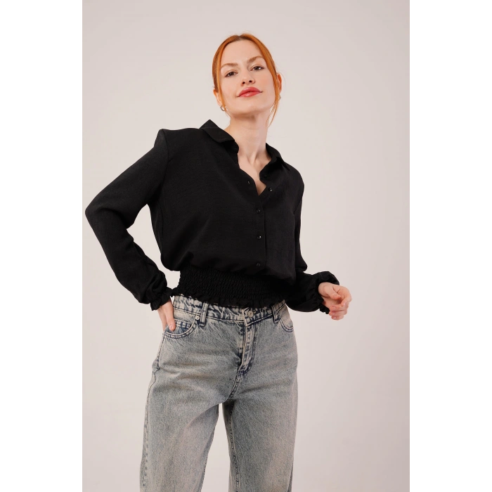 Bel Ve Bilek Lastikli Siyah Bluz