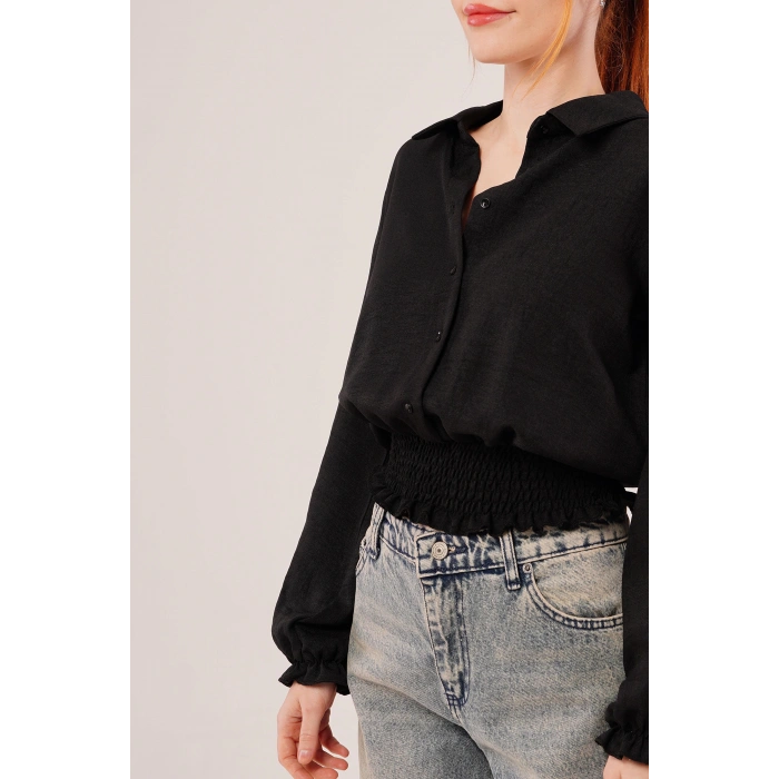 Bel Ve Bilek Lastikli Siyah Bluz