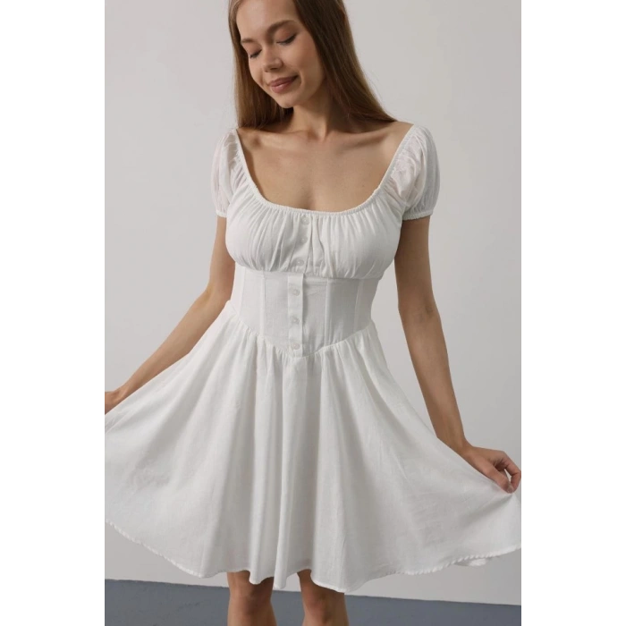 Beli Korseli Mini Elbise - Beyaz