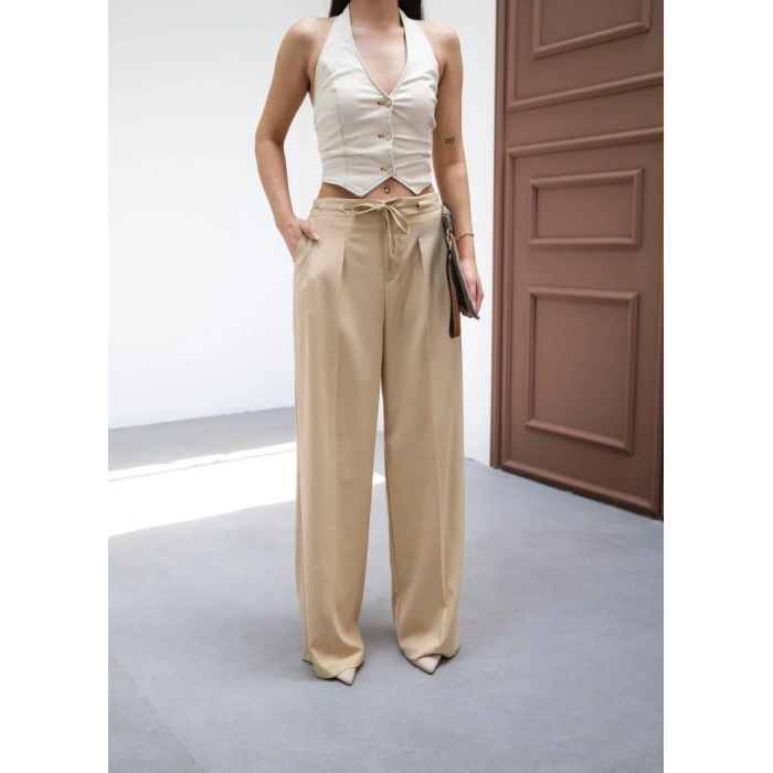 Beli̇ Lasti̇k Ve Bağcikli Geni̇ş Paça Pantolon