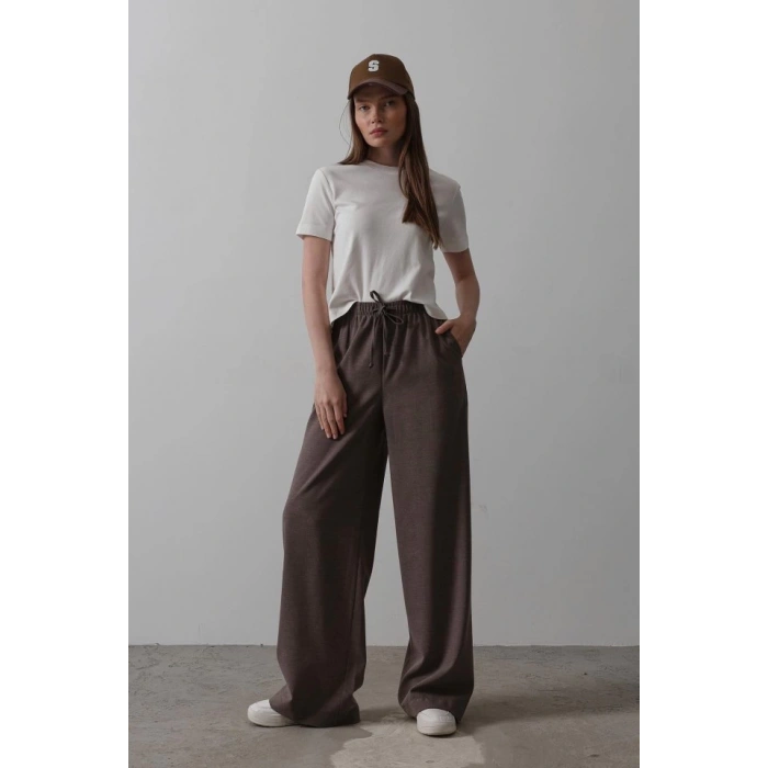 Beli Lastikli Bol Paça Pantolon - Kahve