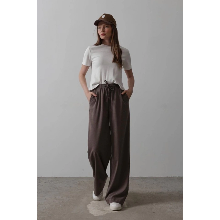 Beli Lastikli Bol Paça Pantolon - Kahve