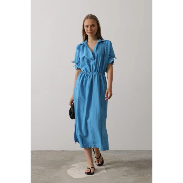 Beli Lastikli Elbise - Mavi