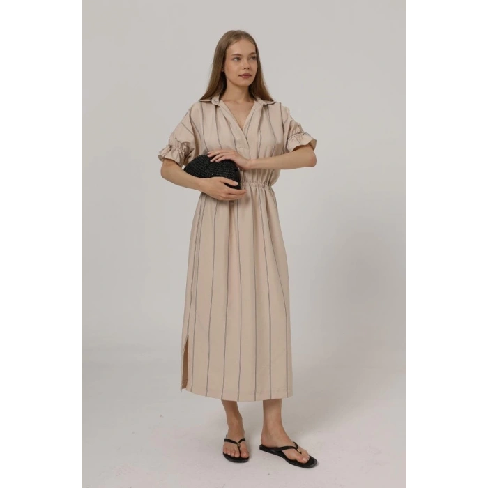 Beli Lastikli Elbise - Taş