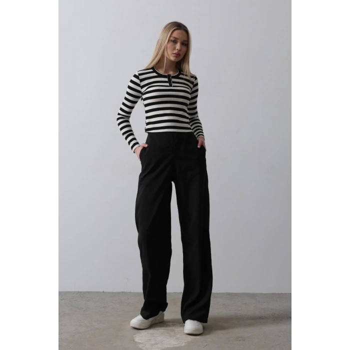 Beli Yarım Lastikli Palazzo Pantolon - Siyah