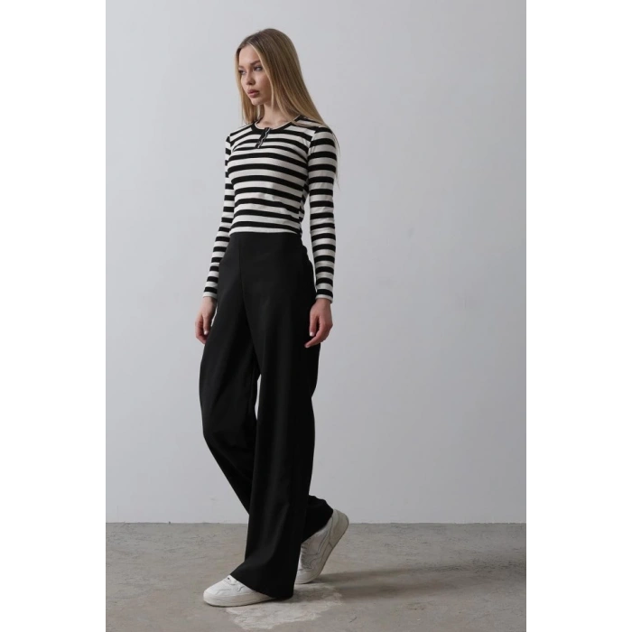 Beli Yarım Lastikli Palazzo Pantolon - Siyah