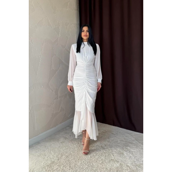 Beyaz Önü Büzgülü Şifon Elbise