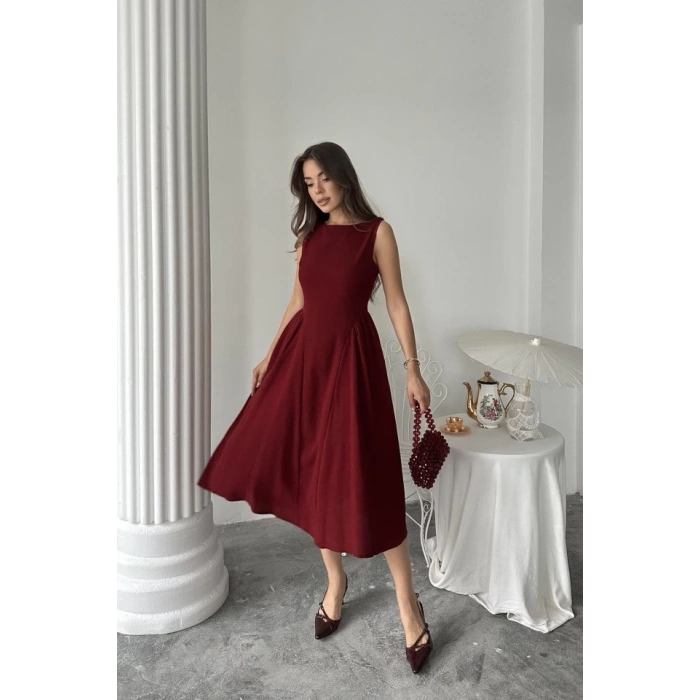 Bordo Yanları Büzgülü Midi Boy Keten Elbise