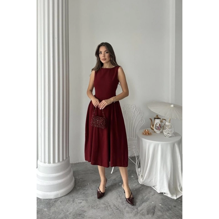 Bordo Yanları Büzgülü Midi Boy Keten Elbise