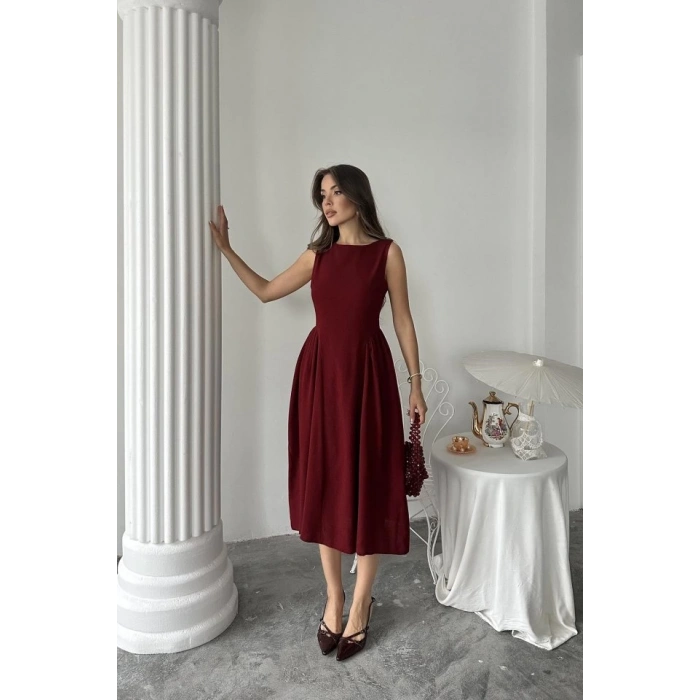 Bordo Yanları Büzgülü Midi Boy Keten Elbise