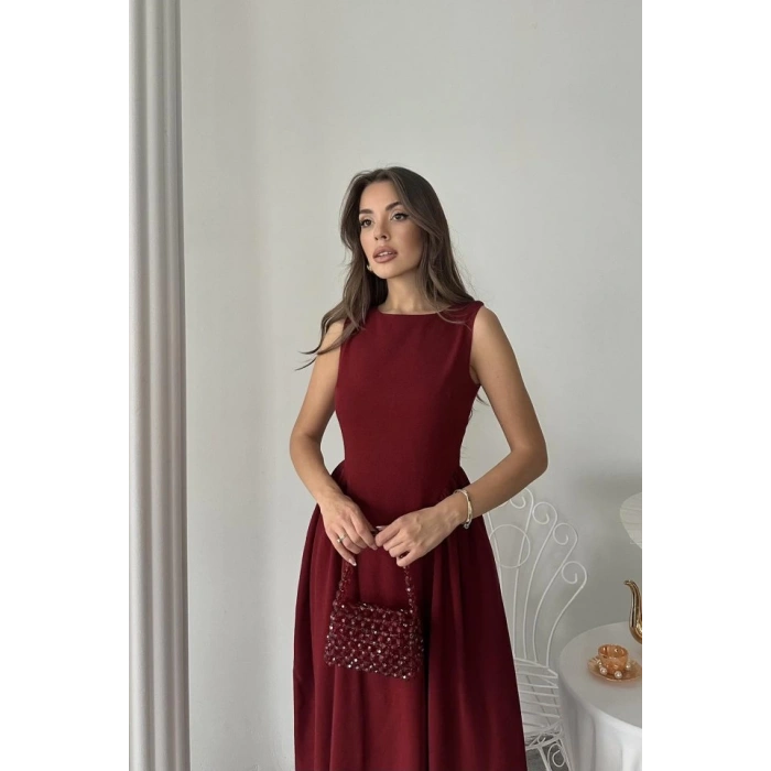 Bordo Yanları Büzgülü Midi Boy Keten Elbise