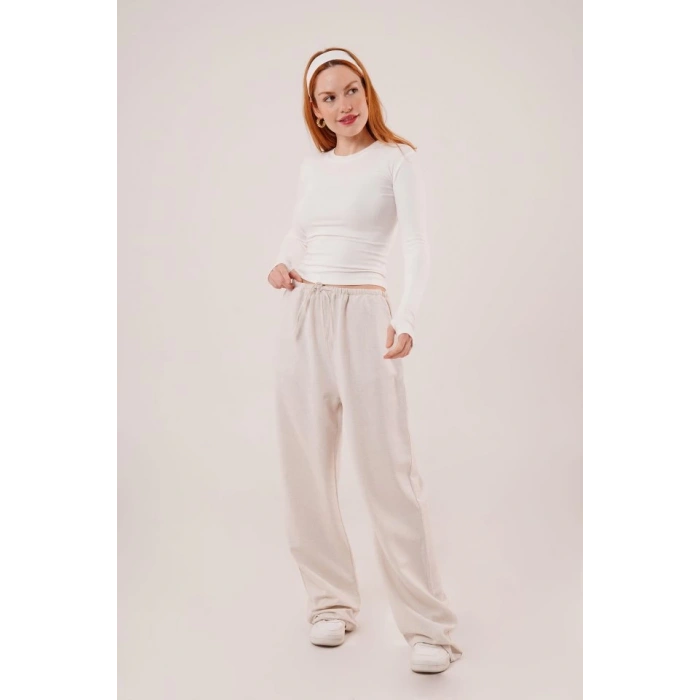 Cepli Bağlama Detaylı Keten Ekru Pantolon