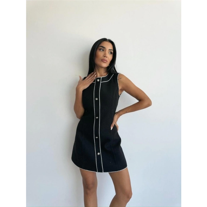 CHANEL KUMAŞ KISA ÖNDEN DÜĞMELİ ELBİSE - Siyah