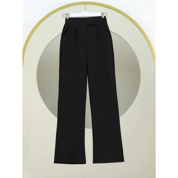 Cırtlı Fermuarlı Palazzo Pantolon -Siyah
