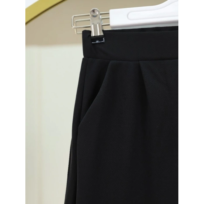 Cırtlı Fermuarlı Palazzo Pantolon -Siyah