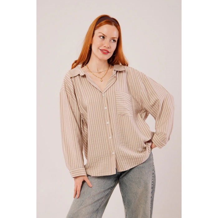 Çizgi Detaylı Cepli Camel Gömlek
