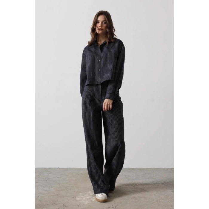 Çizgili Gömlek Pantolon Takım - Lacivert