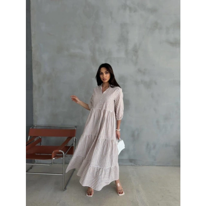 ÇİZGİLİ KETEN HAKİM YAKA DÜĞMELİ SALAŞ ELBİSE - Kahverengi