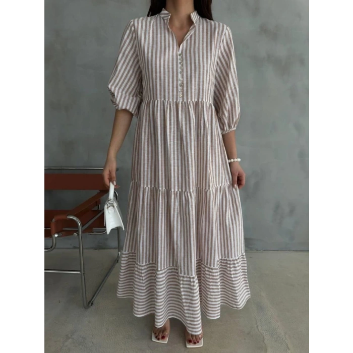 ÇİZGİLİ KETEN HAKİM YAKA DÜĞMELİ SALAŞ ELBİSE - Kahverengi