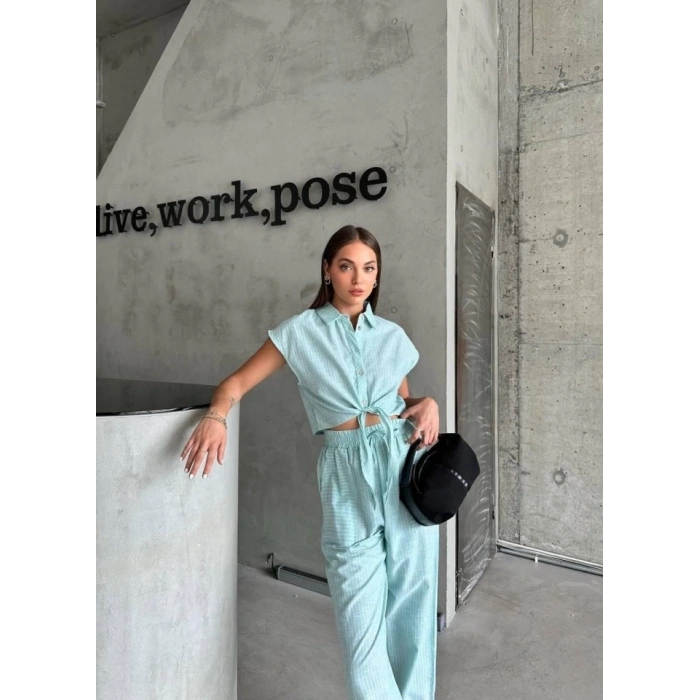 ÇİZGİLİ KETEN KOLSUZ CROP PANTOLON TAKIM - Yeşil