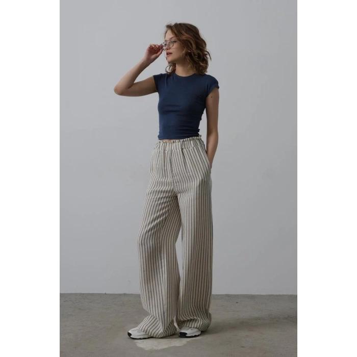 Çizgili Pamuklu Lastikli Pantolon - Bej-Lacivert