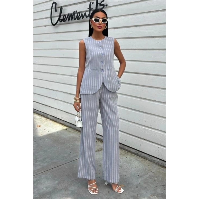 Çizgili Viscon Keten Yelekli Rahat Takım 10121