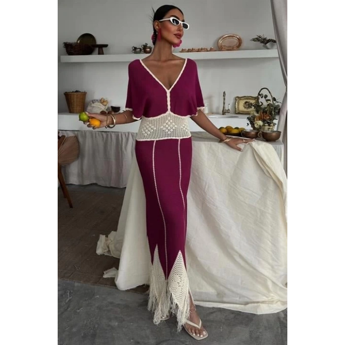 Dantel Desenli V Yaka Triko Elbise 2844