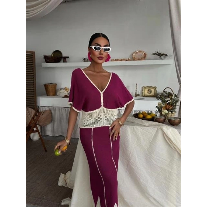 Dantel Desenli V Yaka Triko Elbise 2844