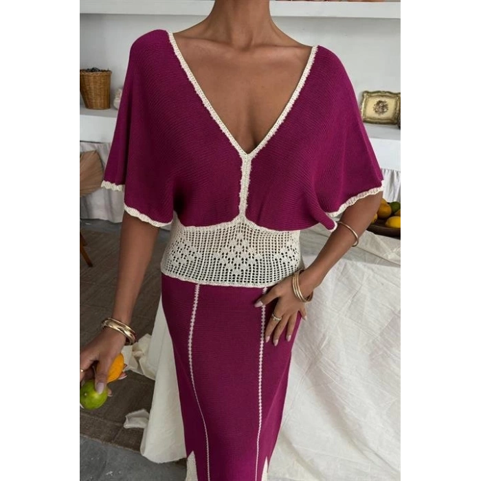 Dantel Desenli V Yaka Triko Elbise 2844