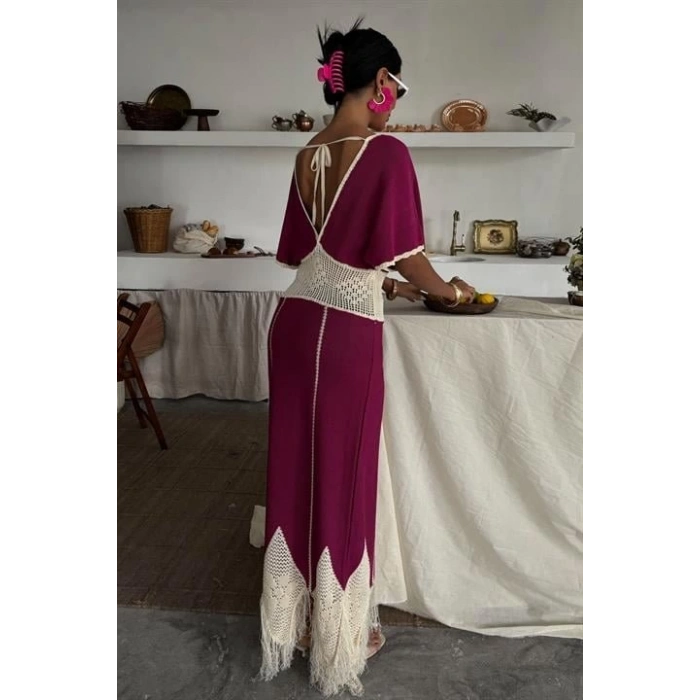 Dantel Desenli V Yaka Triko Elbise 2844