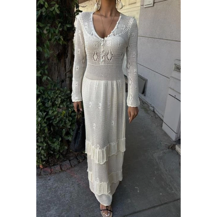 Düğme Detaylı Ve Kat Etekli Etnik Elbise 2859