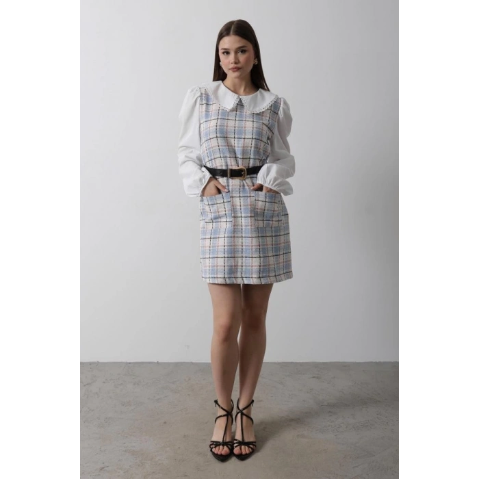 Ekoseli Gömlek Detaylı Elbise - Mavi